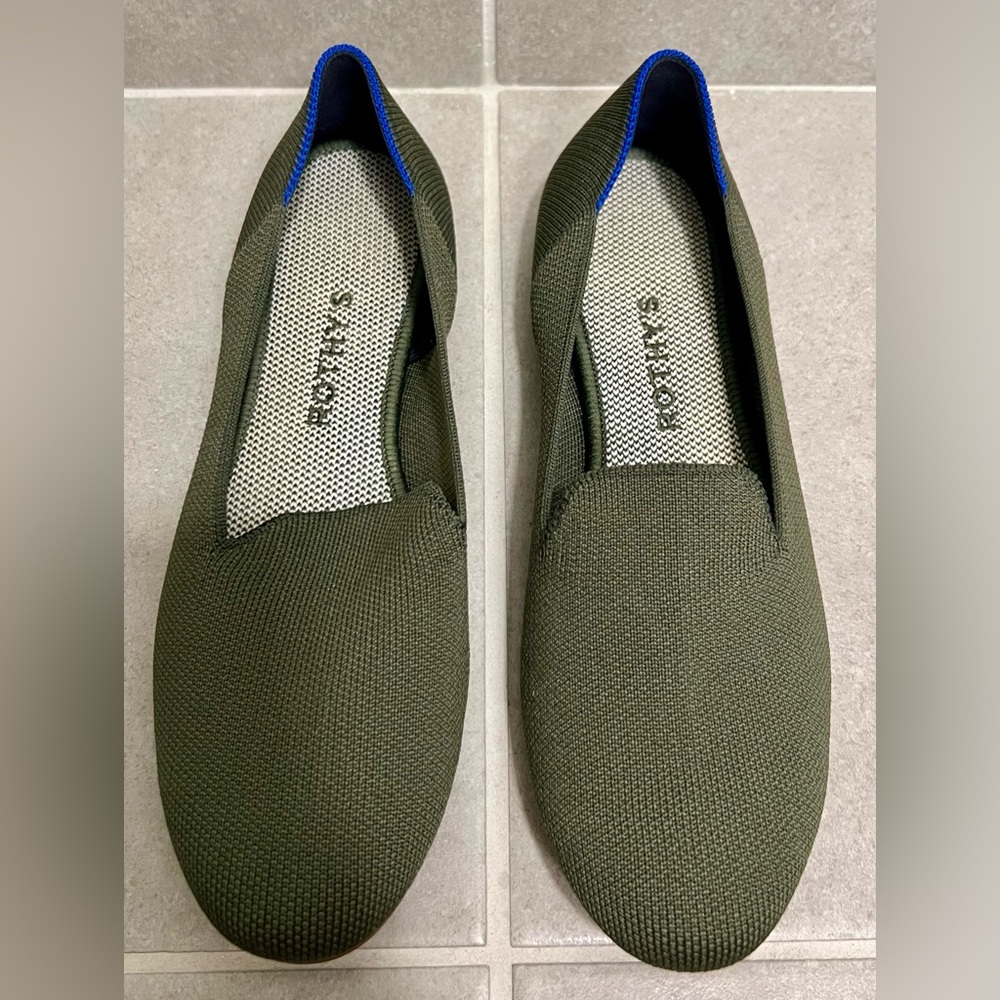 Rothy's Olive Green Slip-On Flats with Blue Accents
